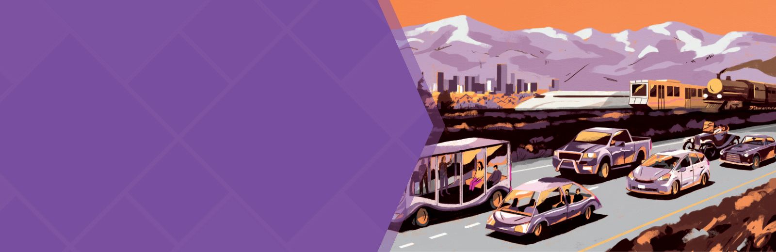 Illustration of vehicles with mountains and city skyline in background
